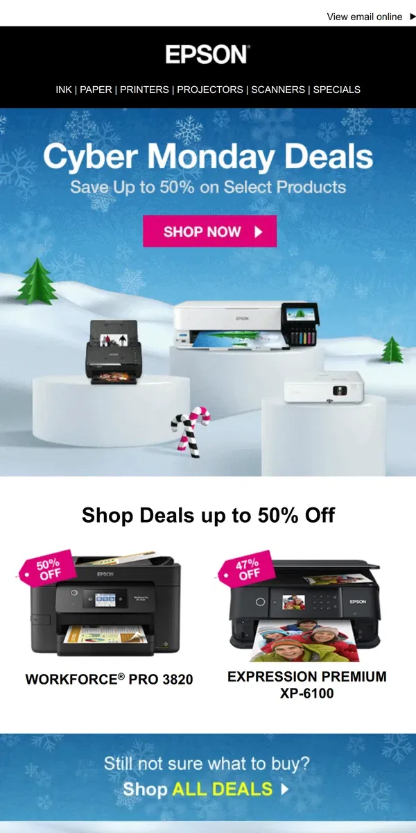 Email from Epson. Save Up to 50% - Cyber Monday Savings Start Now!