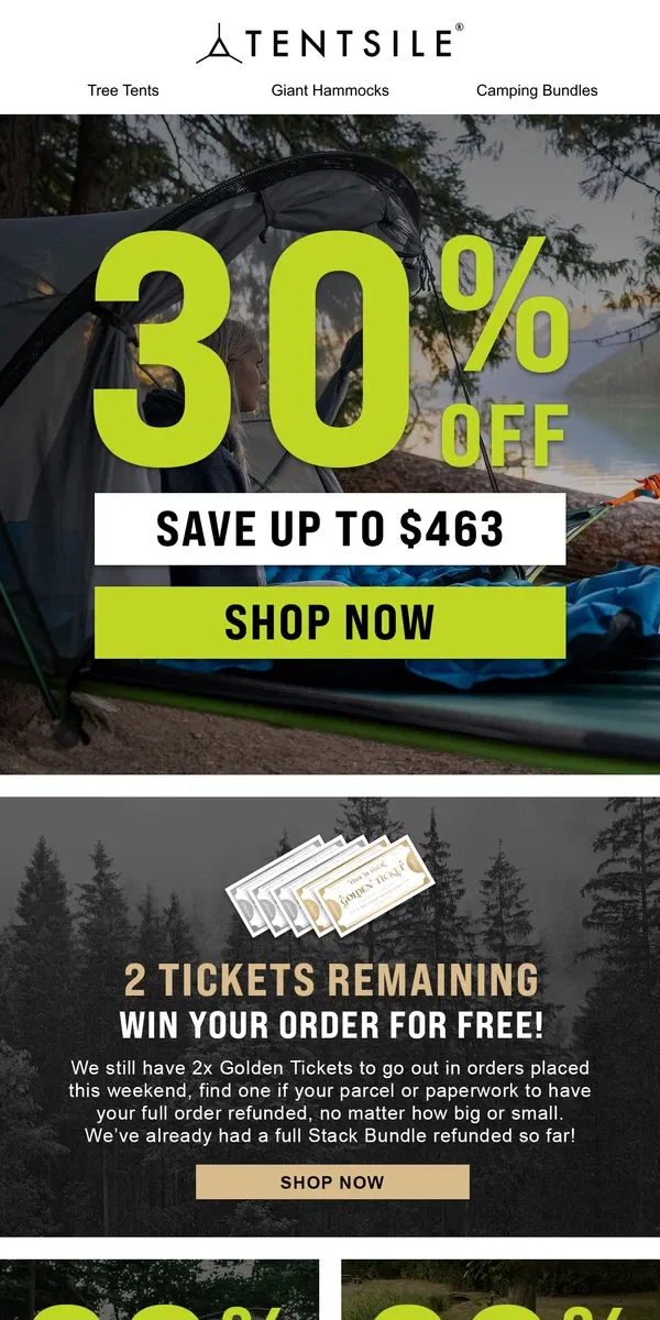 Email from Tentsile. 30% OFF | Camping Gear 🌴