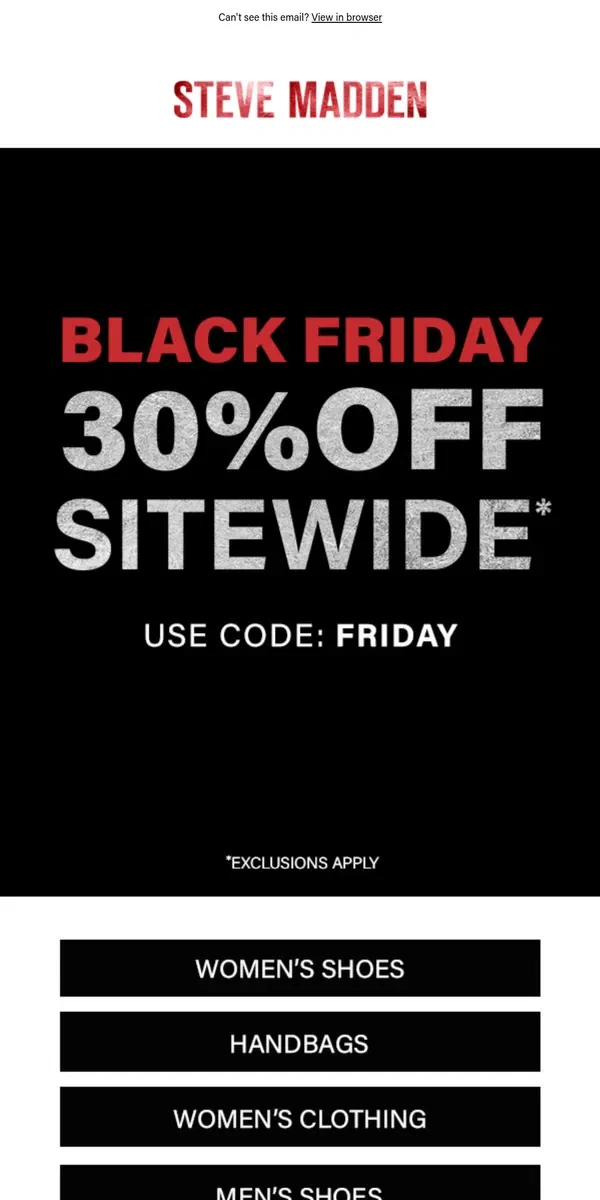 Email from Steve Madden. 30% OFF SITEWIDE