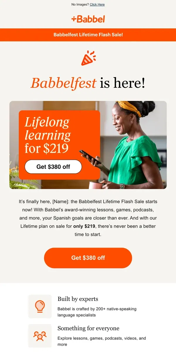 Email from Babbel. 🥂 It’s here: $219 Lifetime during Babbelfest!