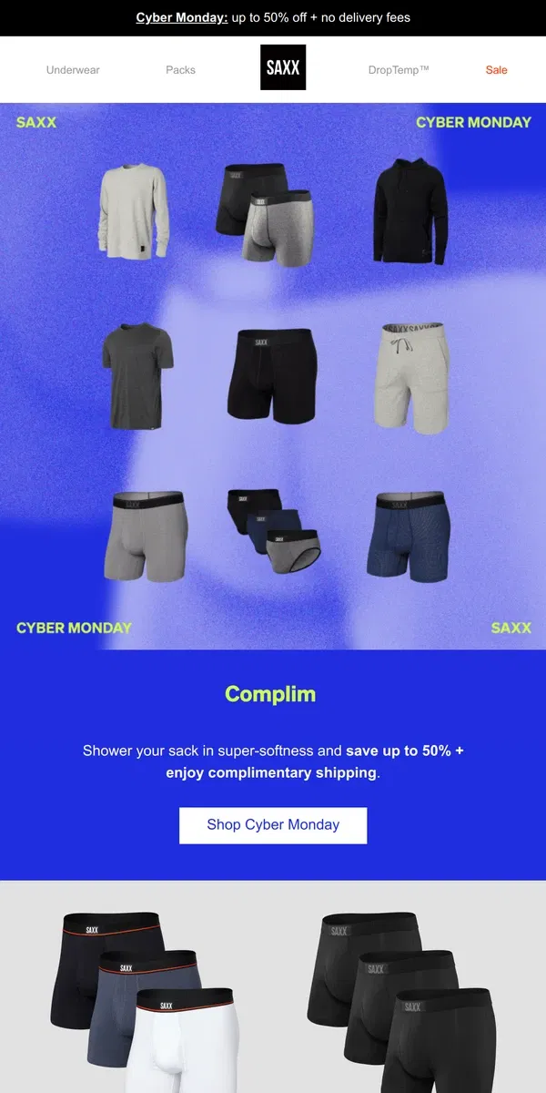 Email from SAXX Underwear. Up to 50% off + no delivery fees 🔥