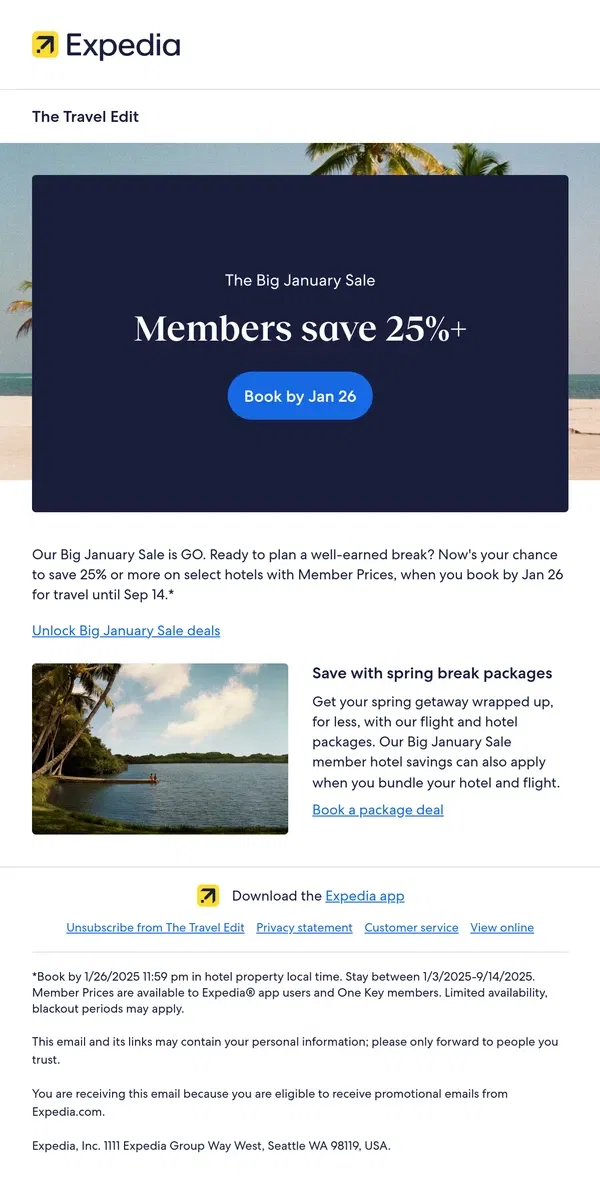 Email from Expedia. Sale now on: Book to save 25%+