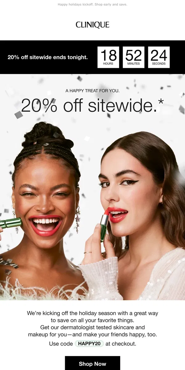 Email from Clinique. Enjoy 20% off sitewide. The happy way to shop😍 