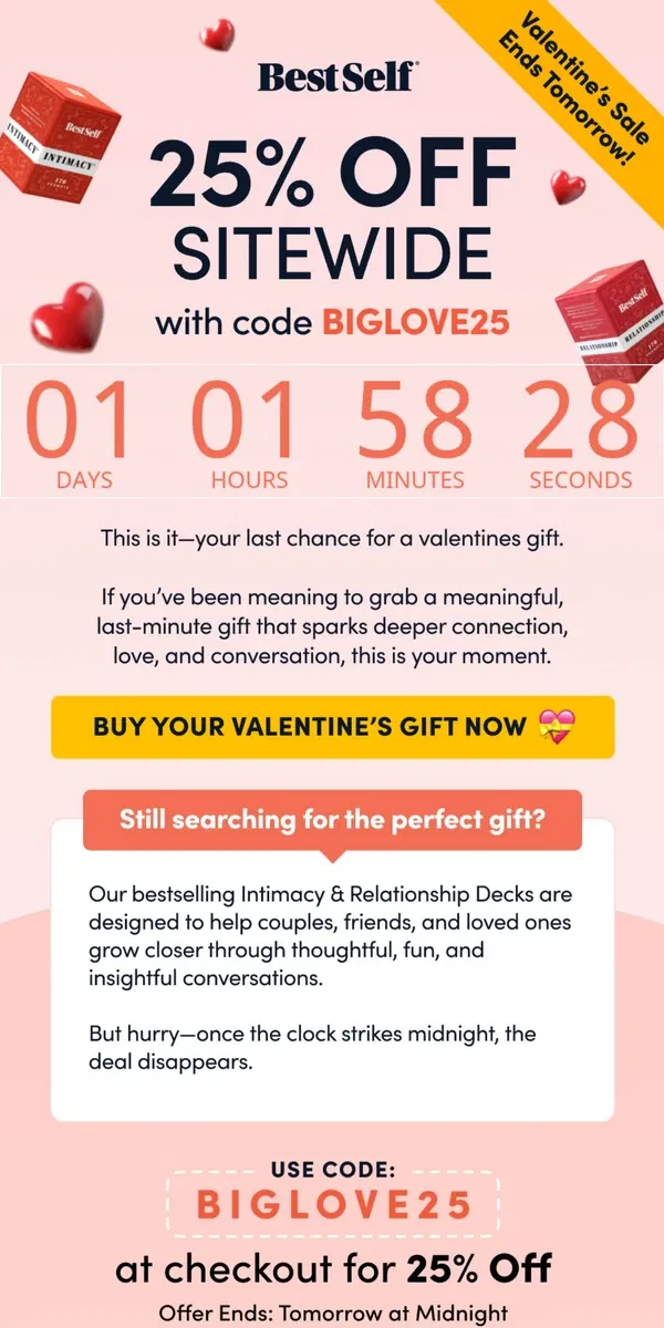 Email from BestSelf Co.. 🚨 FINAL HOURS: Valentine’s Sale Ends Tomorrow!