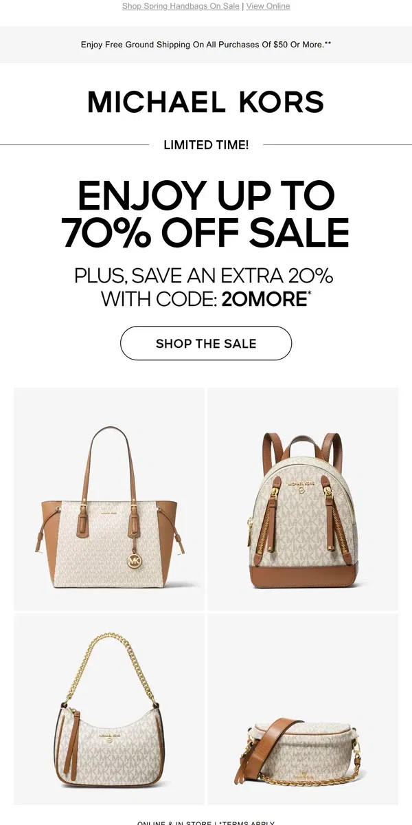 Email from Michael Kors. Take An Extra 20% Off Styles Already Up To 70% Off With Code