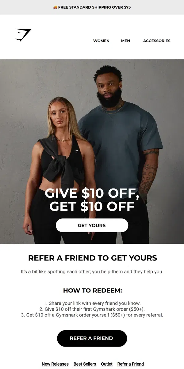 Email from Gymshark. Give $10 off, get $10 off 🤝