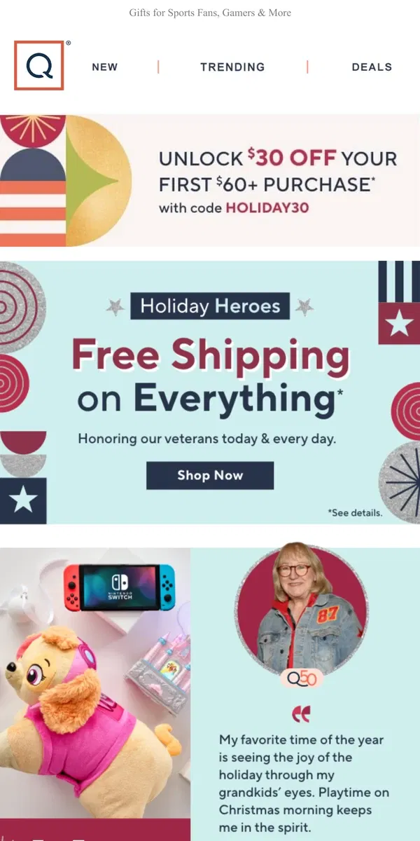 Email from QVC. Everything Ships Free + Get $30 Off