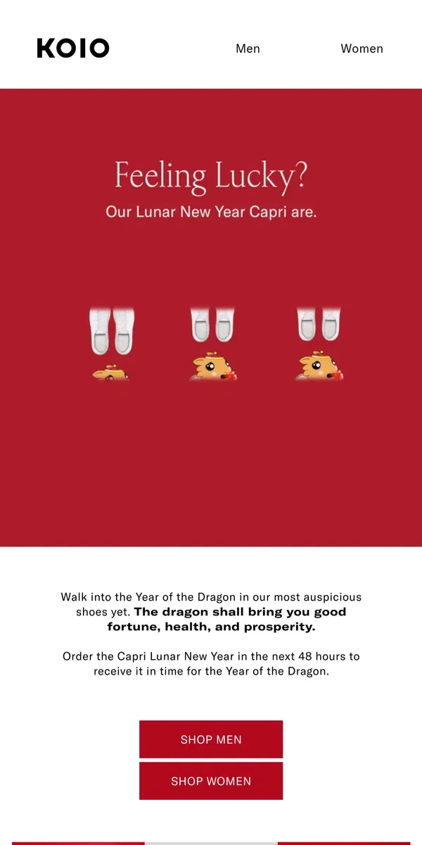 Email from Koio. 48 hours to order the Capri Lunar New Year