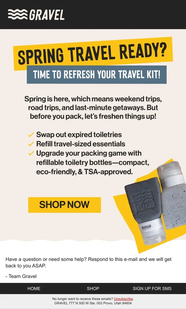 Email from Gravel. Spring into Fresh Toiletries!