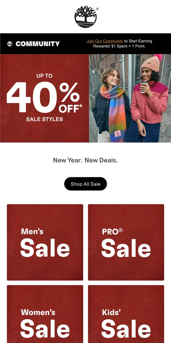 Email from Timberland. New Year. New Deals: Up to 40% Off.