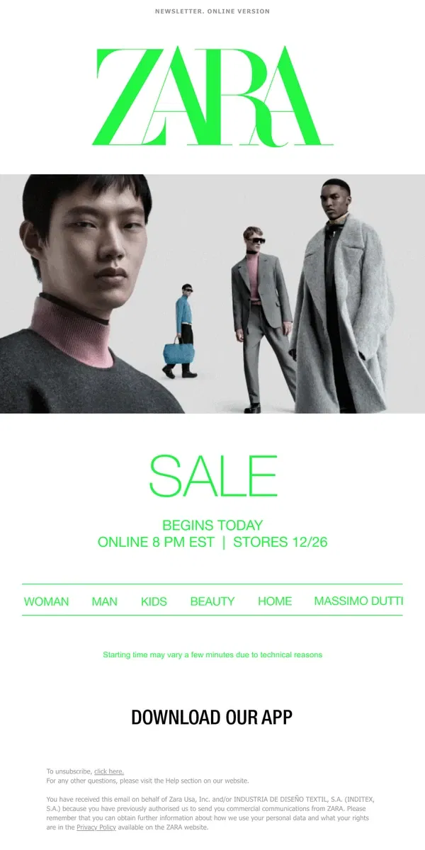 Email from Zara. Our SALE begins tonight at 8 pm EST online