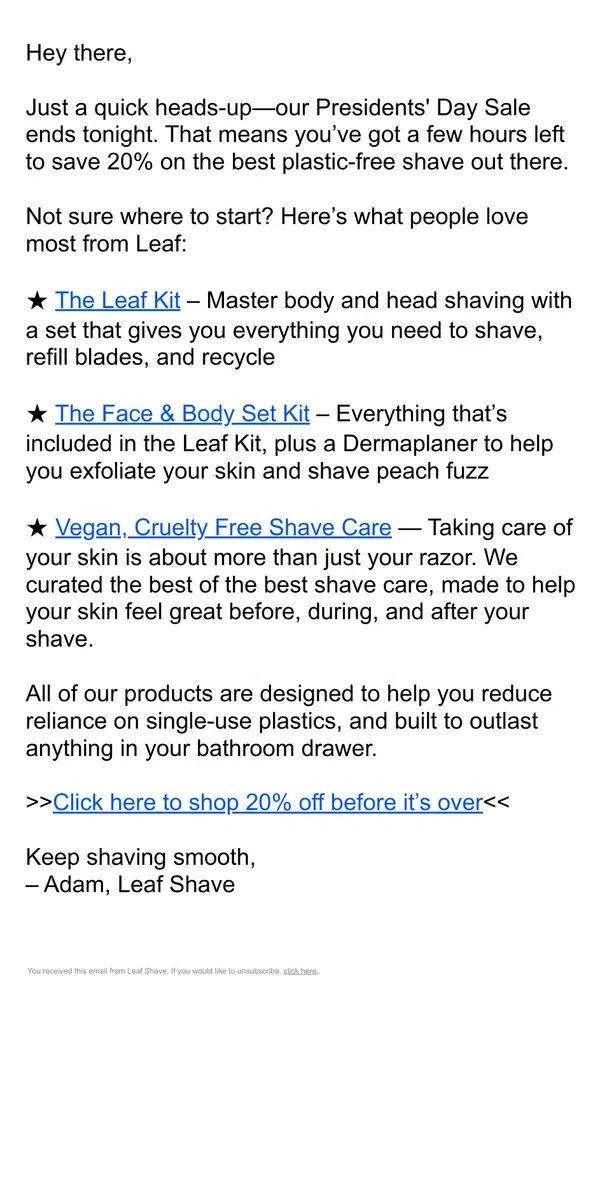 Email from Leaf Shave. 20% Off Ends Soon! 👏