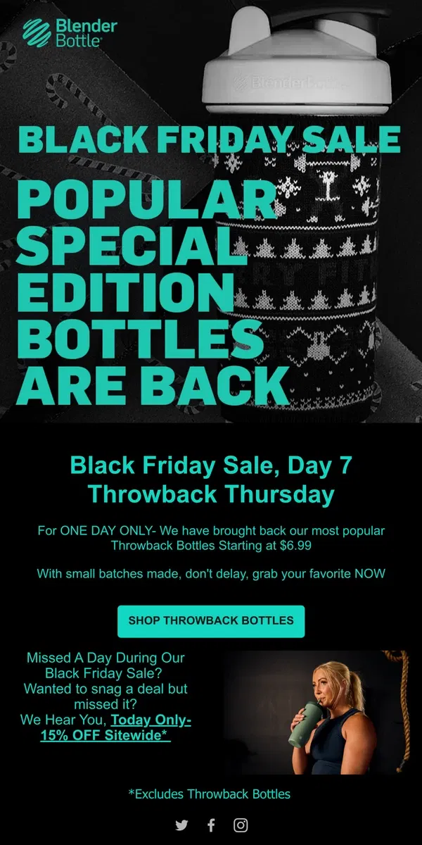 Email from BlenderBottle. BLACK FRIDAY SALE, Day 7- Throwback Thursday