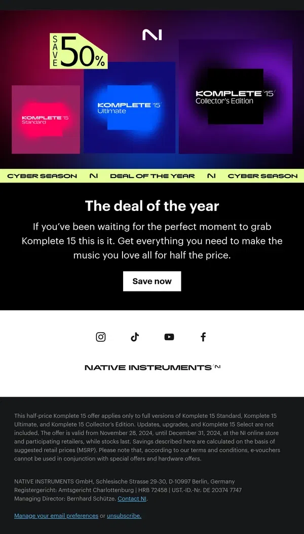 Email from Native Instruments. Save 50% on Komplete 15