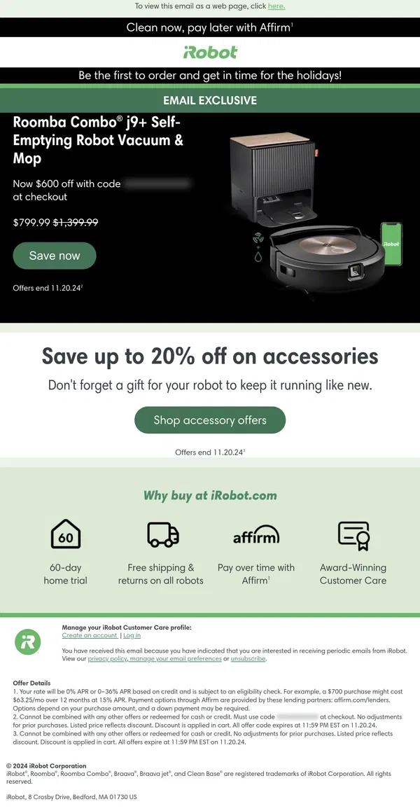 Email from iRobot. Join our family and save $600 just in time for the holidays!