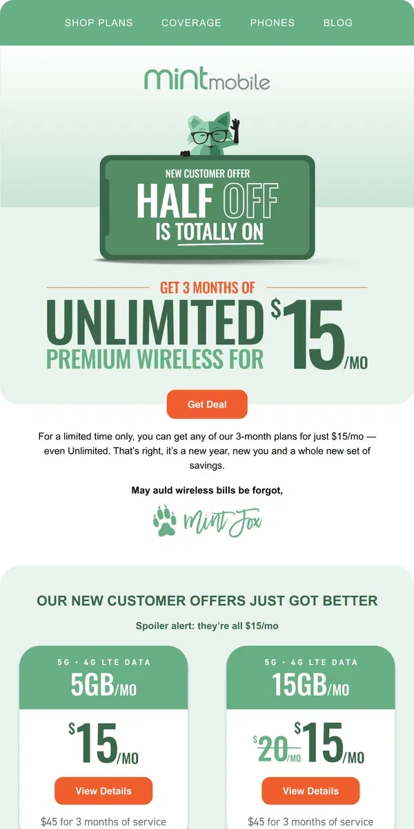 Email from Mint Mobile. Get 3 months of Unlimited for just $15/mo