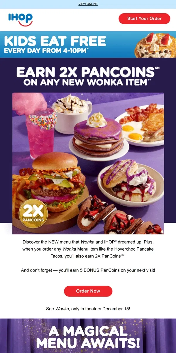 Email from IHOP. 2X PanCoins on all WONKA Menu Items 🪄