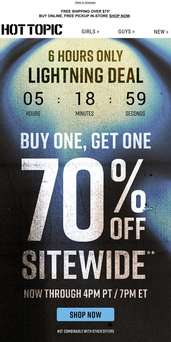 Email from Hot Topic. SHOP ASAP ⚡ BOGO 70% OFF ⚡ 6 HOURS ONLY ⚡