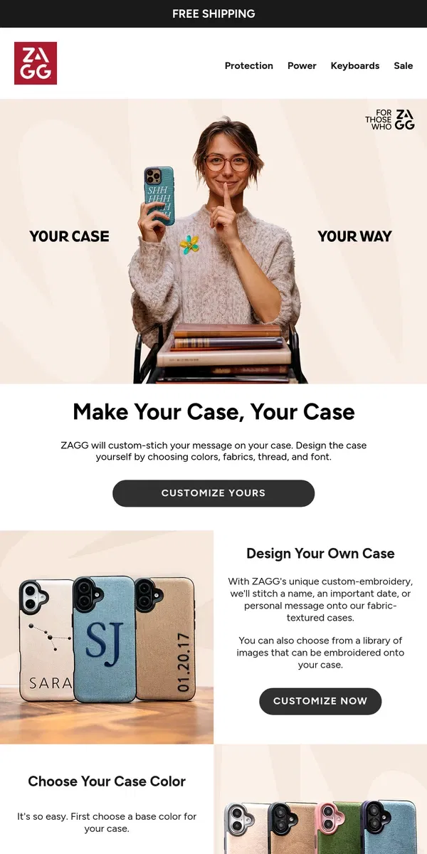 Email from ZAGG. Design your own case with custom stitching