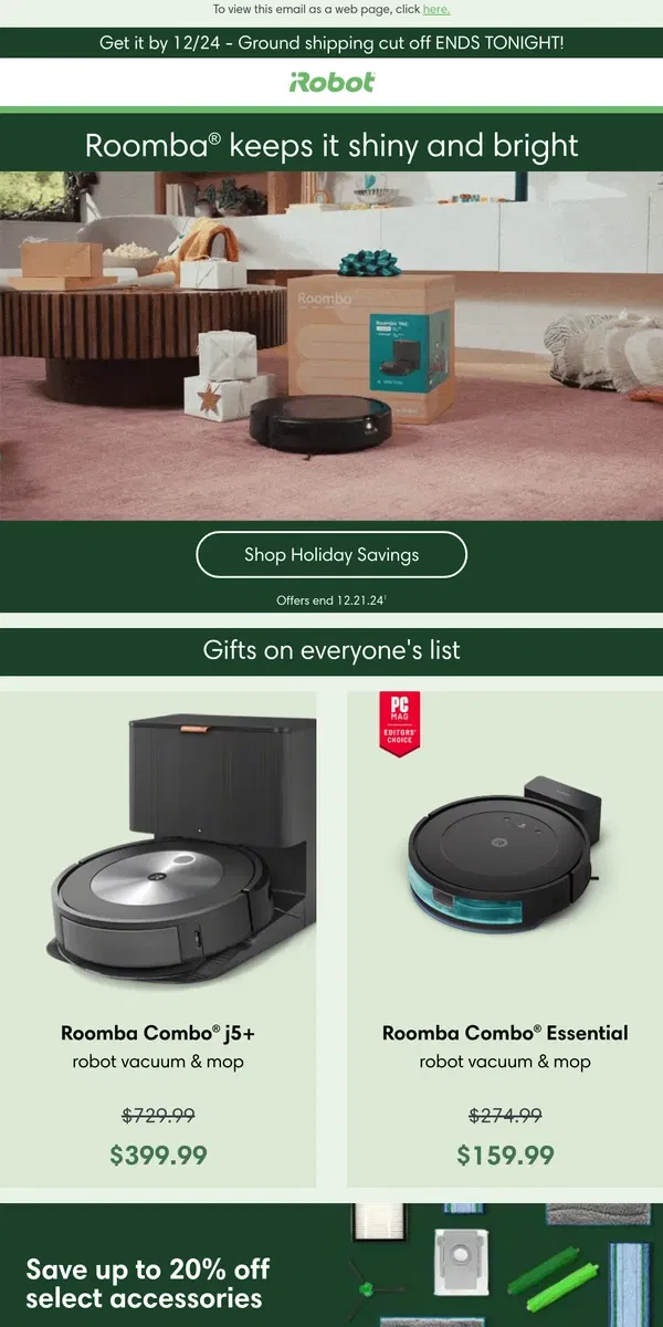 Email from iRobot. Give the gift of consistently clean floors: save up to $400!