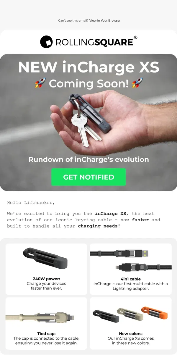 Email from Rolling Square. New inCharge XS is coming soon!