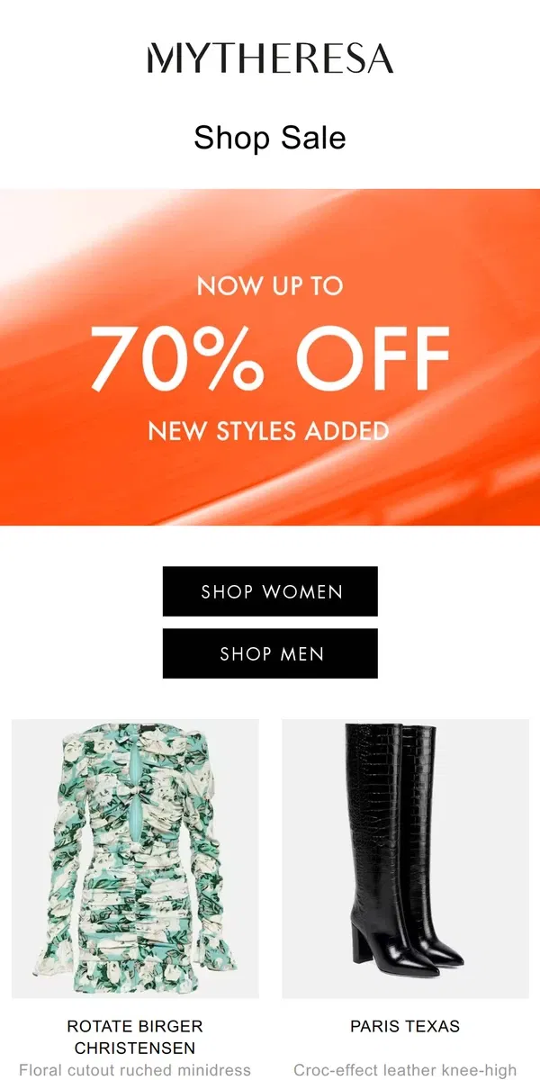 Email from Mytheresa. Over 1300 sale additions up to 70% off