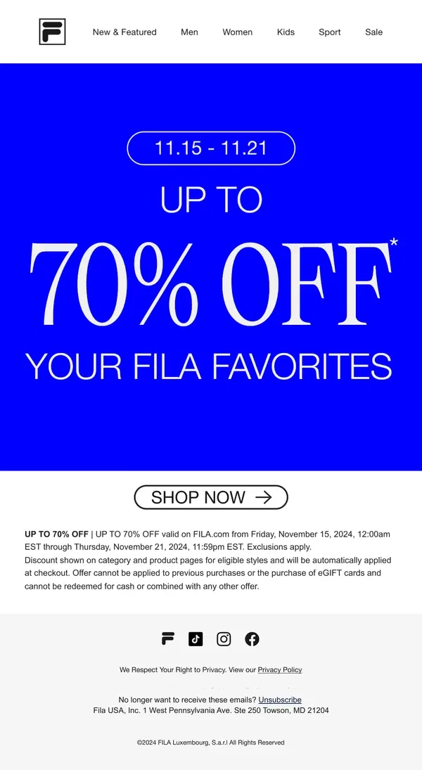 Email from FILA. Up to 70% Off & Free Shipping