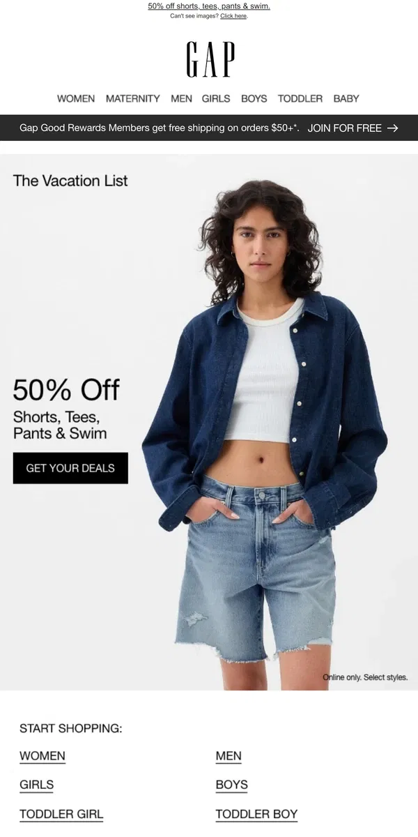 Email from GAP. We're saying thanks with 50% off shorts & tees