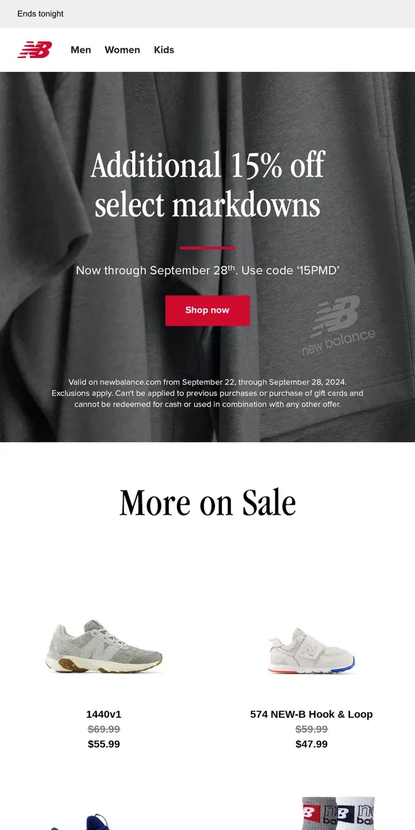 Email from New Balance. Last chance: Extra 15% off select markdowns