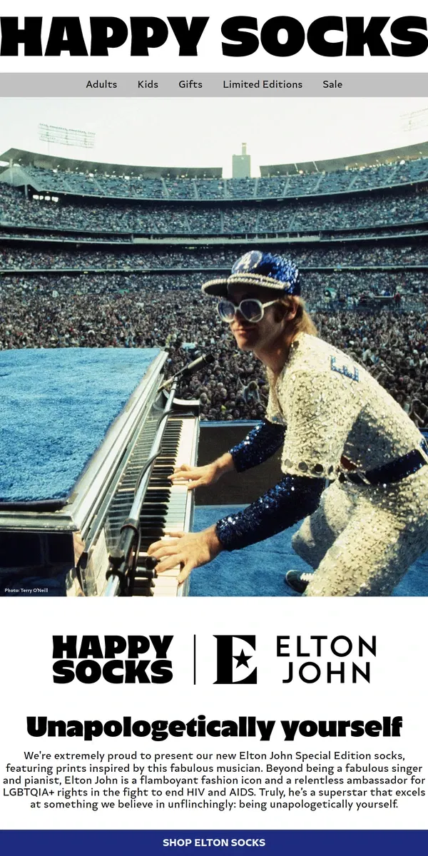 Email from Happy Socks. The Elton John Special Edition is Here!