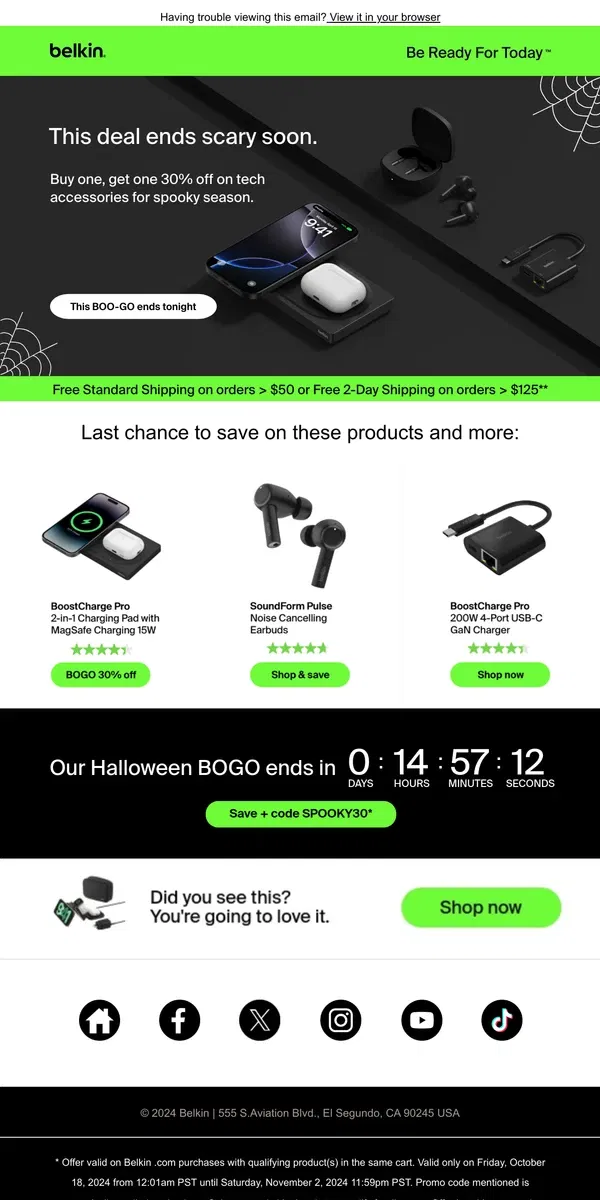 Email from Belkin. Our Halloween Boo-Go 👻 is almost gone