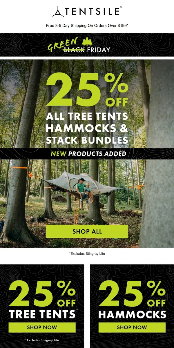 Email from Tentsile. 25% OFF | Tree Tents, Hammocks, & Stacks 🌲