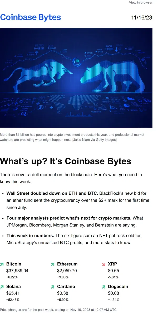 Email from Coinbase. 4 analysts on crypto's next market moves