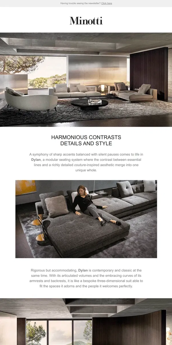 Email from MINOTTI. HARMONIOUS CONTRASTS DETAILS AND STYLE