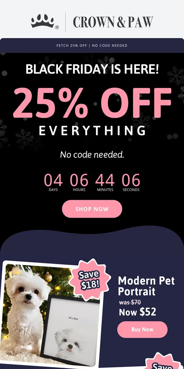 Email from Crown & Paw. Black Friday: Shop 25% OFF 🎁 🐶