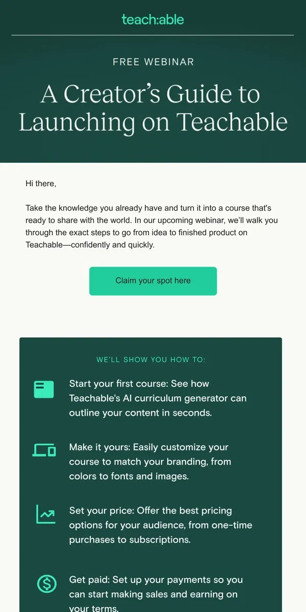 Email from Teachable. RE: [Free webinar] How to launch your course 🚀