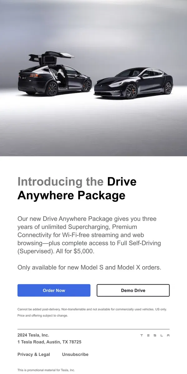 Email from Tesla. Have It All With the Drive Anywhere Package