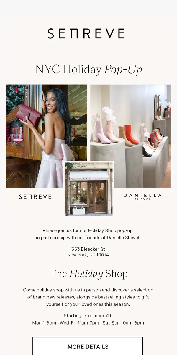 Email from Senreve. SENREVE Holiday Shop in NYC