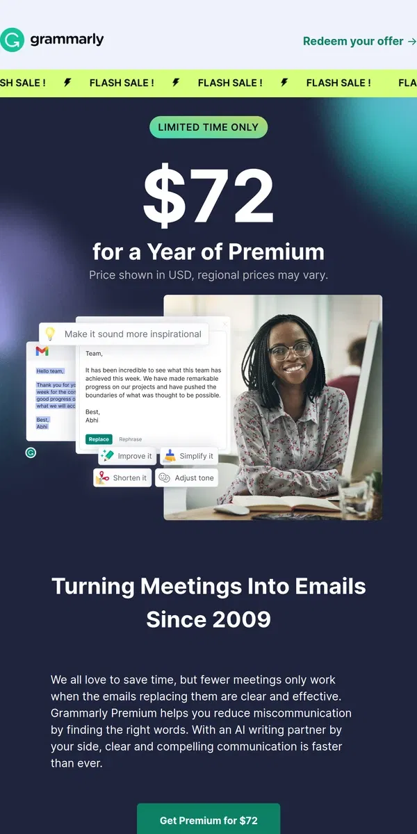 Email from Grammarly. ⚡ Flash sale: $72 for a Year of Premium