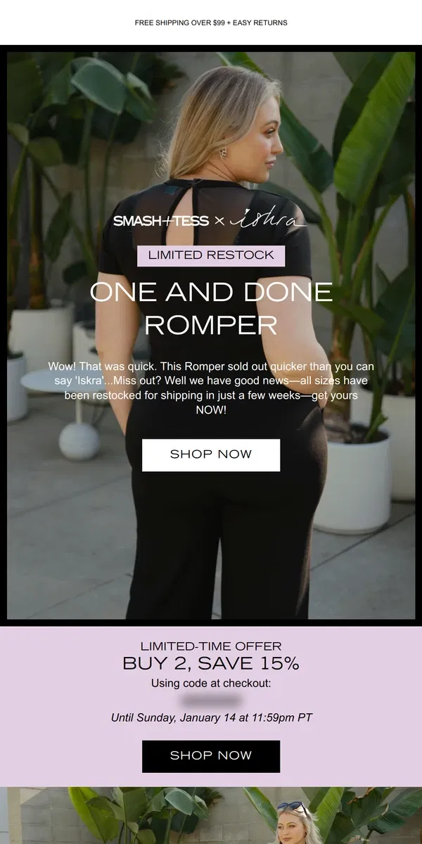 Email from Smash + Tess. Limited Restock: Sold Out Iskra Romper! ⚡