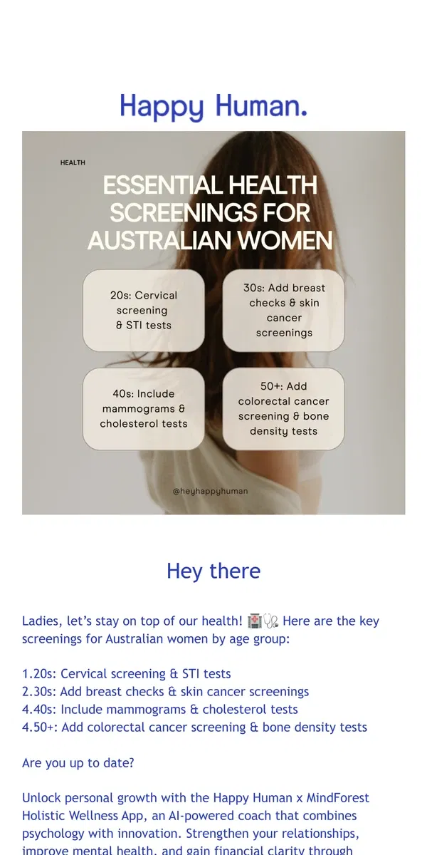 Email from Happy Home. 🟡 Happy Human Wellness App - Stay On Top of Your Health with These Screenings!📱 🎉