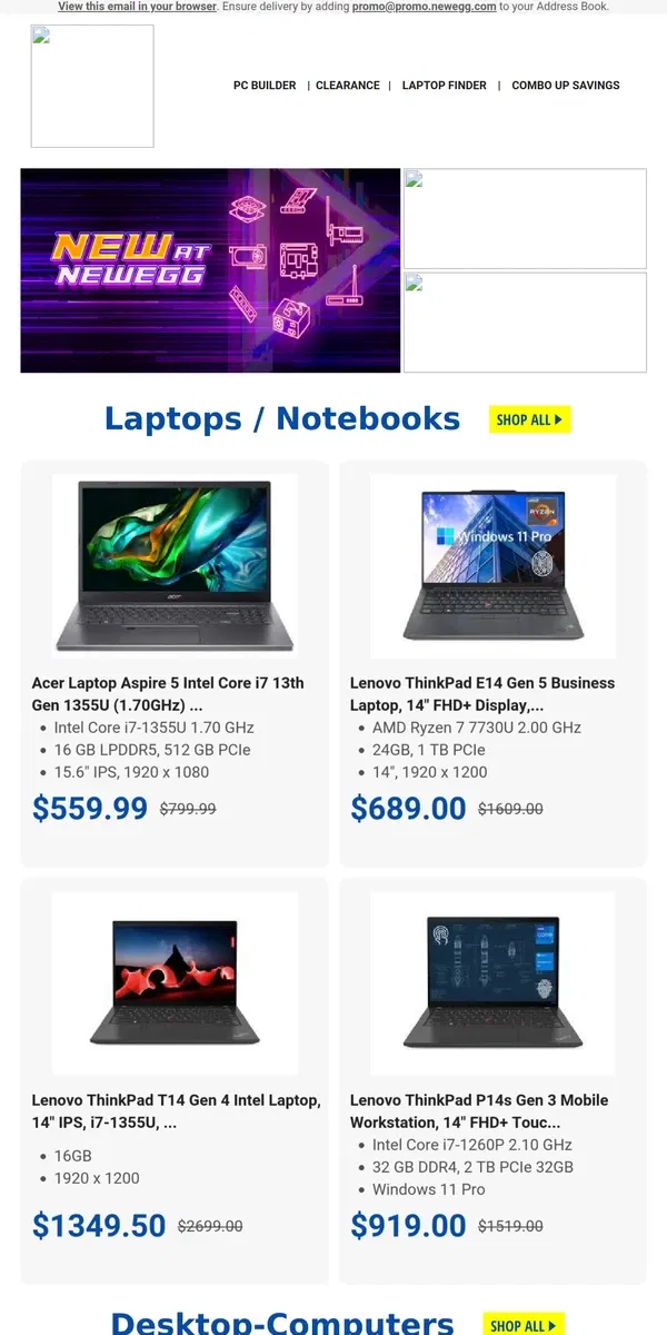 Email from Newegg. $699.99 Acer Gaming Desktop! $299.99 MSI Ventus GeForce RTX 4060