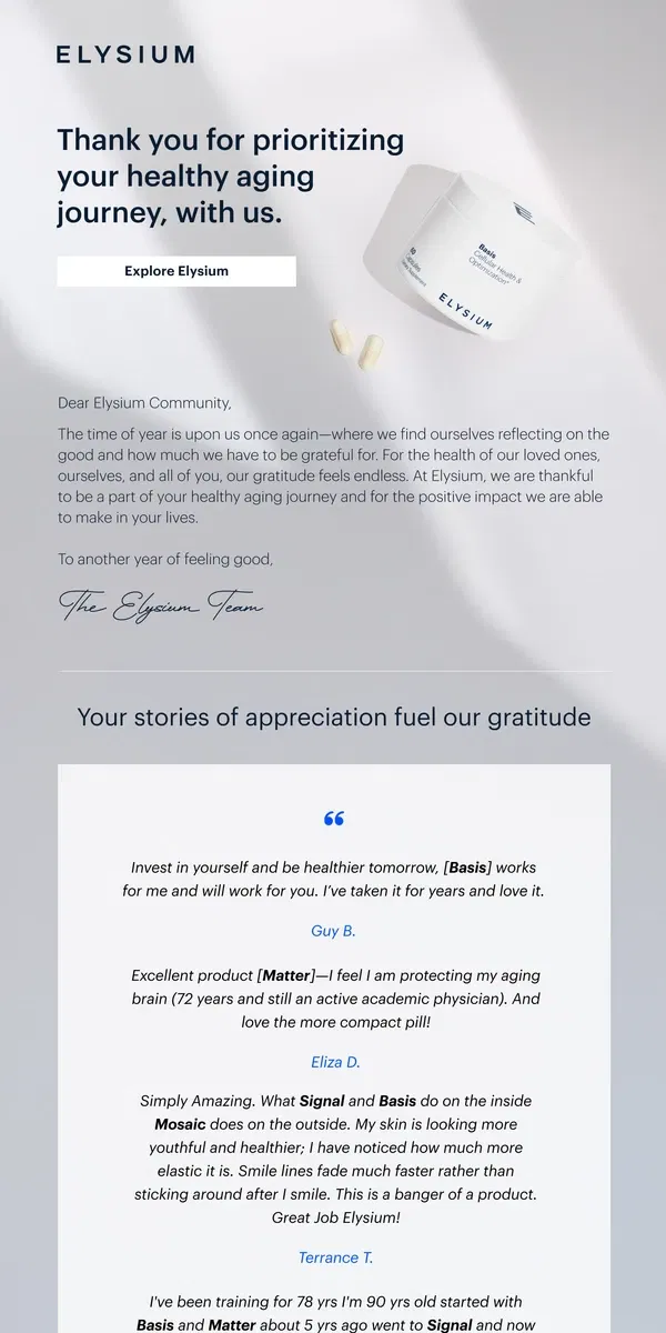 Email from Elysium Health. We’re grateful for another year of a healthier you