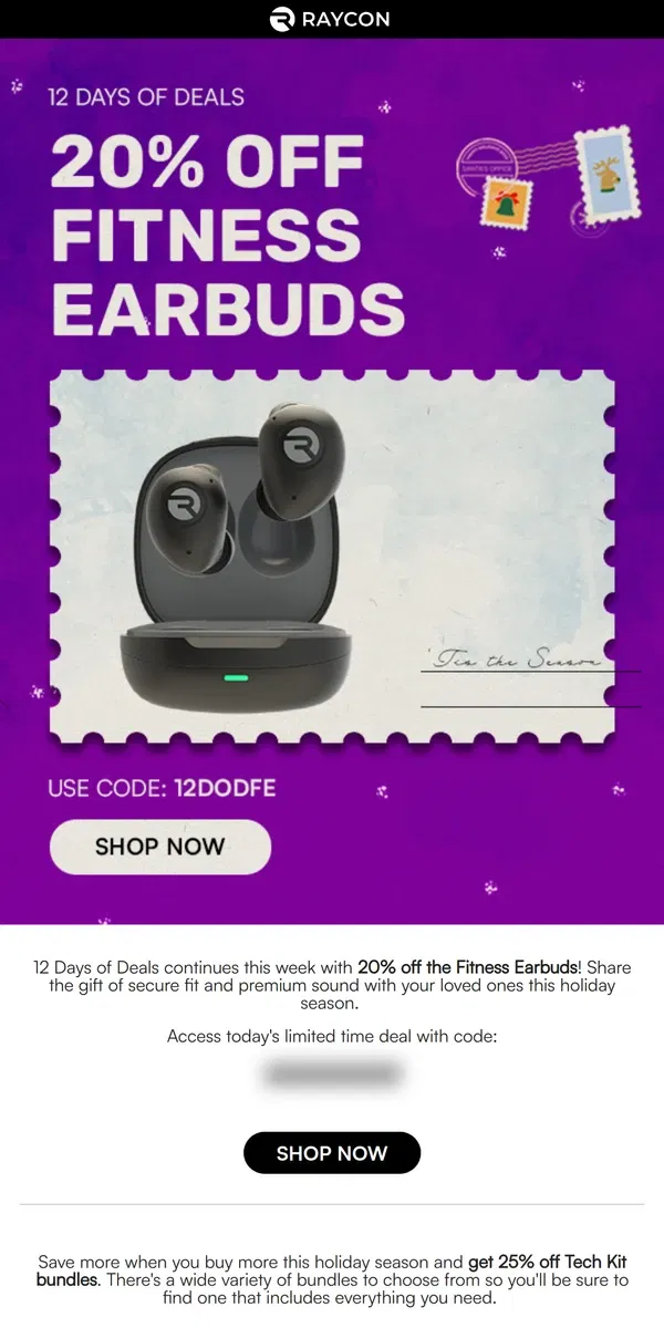 Email from Raycon. 12 Days of Deals continues with 20% off Fitness Earbuds