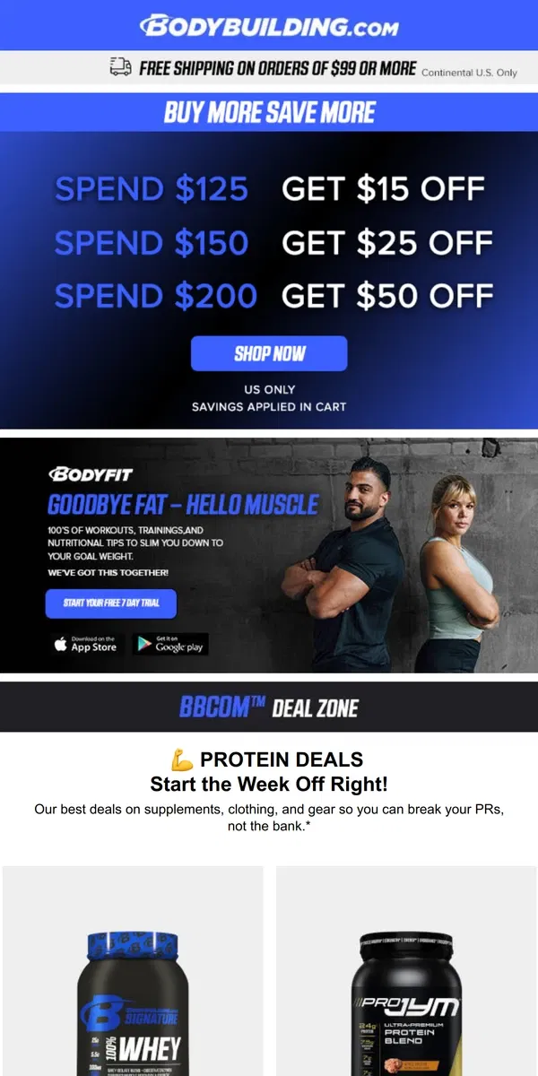 Email from Bodybuilding.com. 💪 PROTEIN DEALS to Start the Week Off Right! + The 40 Best Low-Carb Foods
