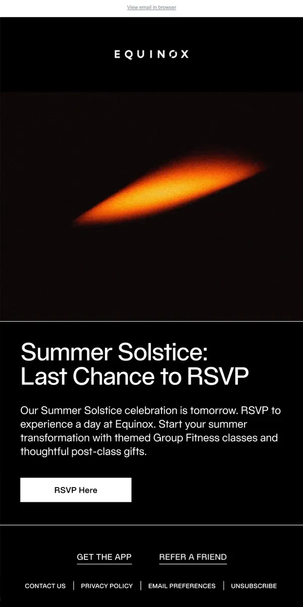Email from Equinox. Last Chance: RSVP for Summer Solstice at Equinox