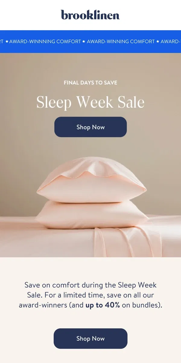 Email from Brooklinen. ATTN: Annual Sleep Week Sale