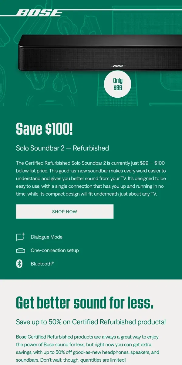 Email from Bose. Save $100 on Solo Soundbar 2 — just $99!