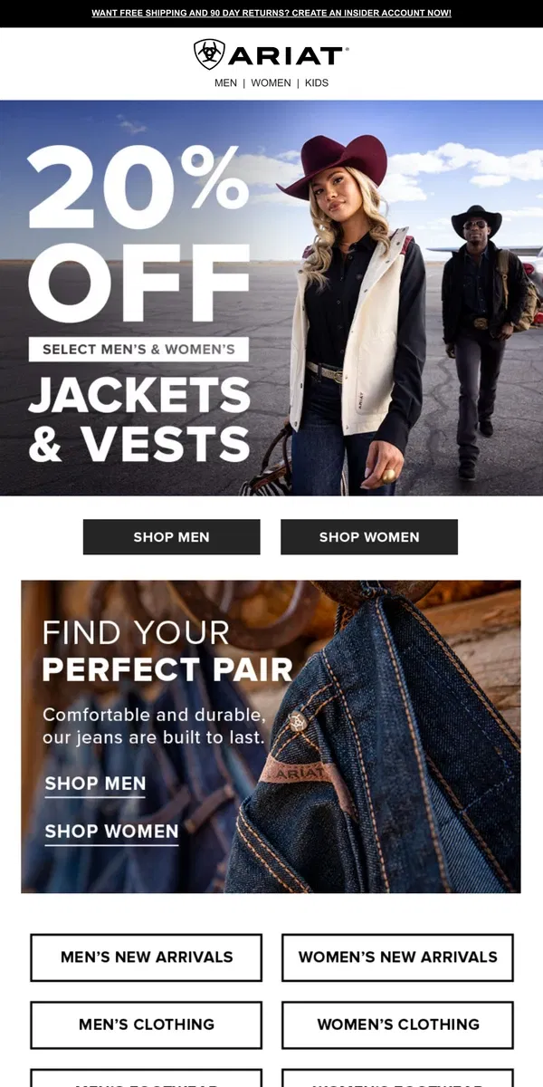 Email from Ariat. 20% Off Select Jackets & Vests