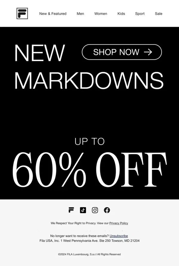 Email from FILA. New Markdowns: Up to 60% Off